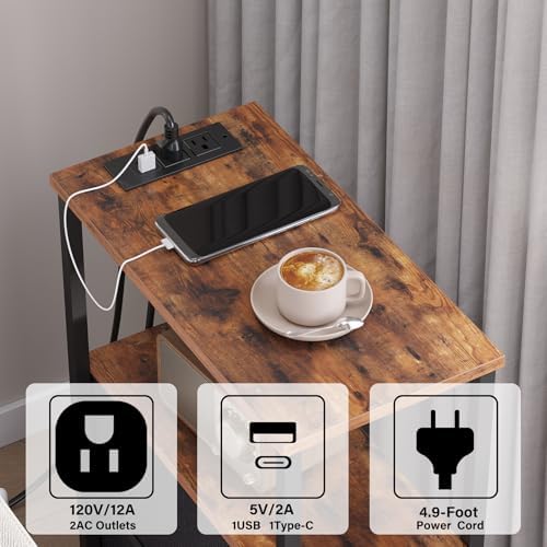 TUTOTAK Narrow LED End Table, Skinny Side Table with Charging Station