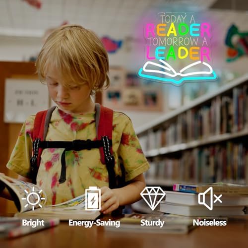 Today A Reader Tomorrow A Leader Neon Sign for Classroom Dimmable Classroom Led Sign Library Light Up Signs Reading Led Wall Decor for School Teacher
