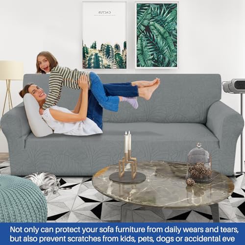 YEMYHOM Couch Cover Latest Jacquard Design High Stretch Sofa Covers for 3 Cushion Couch, Pet Dog Cat Proof Slipcover Non Slip Magic Elastic Furniture Protector (Large, Begonia Leaf Dark Gray)