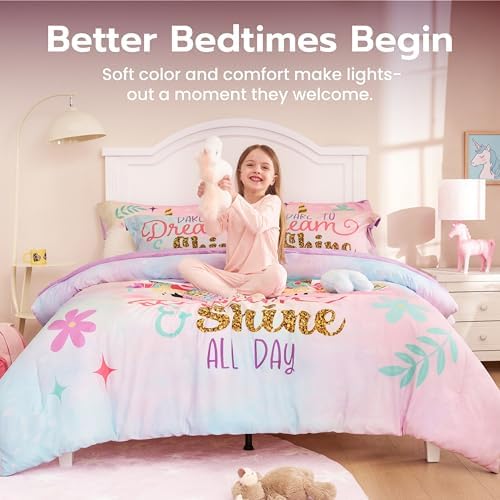 Joiedomi Kids Comforter Set Bedding Set for Boys Girls Super Soft Microfiber Bed in a Bag with Comforter Sheets Pillowcase Sham, Pink Purple Unicorn, Full