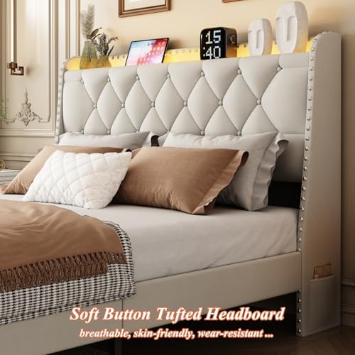 Queen Bed Frame with Storage Headboard and 2 Drawers, Upholstered Button Tufted Platform Bed Frame Queen Size with LED Lights, Charging Station, No Box Spring Needed, Noise Free, Easy Assembly, Beige