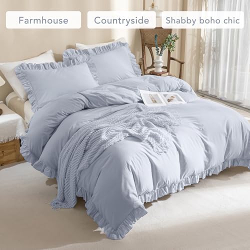 Ruffle Duvet Cover Queen Size Washed Cotton,3pc Linen Feel Farmhouse Shabby Vintage Ruffled Bedding Set French Country Rustic Cornflower Blue Comforter Cover Aesthetic Soft Quilt Cover Set
