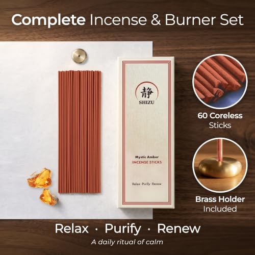 Shizu Mystic Amber Incense Sticks – Artisanal Temple Grade Japanese Incense with Brass Holder – Subtle, Calming Scent for Relaxation, Meditation & Home Spa, Elegant Gift Set (60 Sticks)