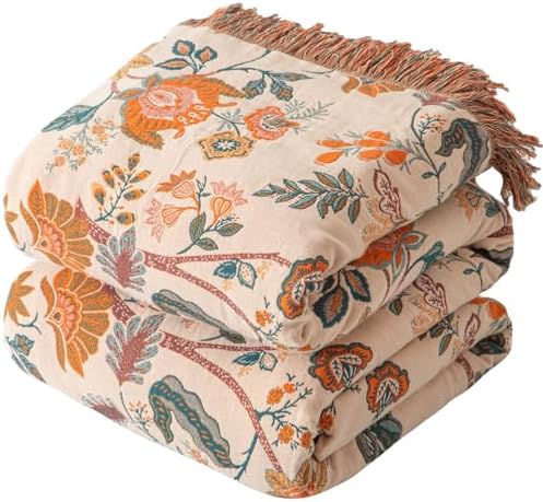Bailix Boho Throw Blanket, 100% Cotton, Woven Floral Pattern, 80"x90"