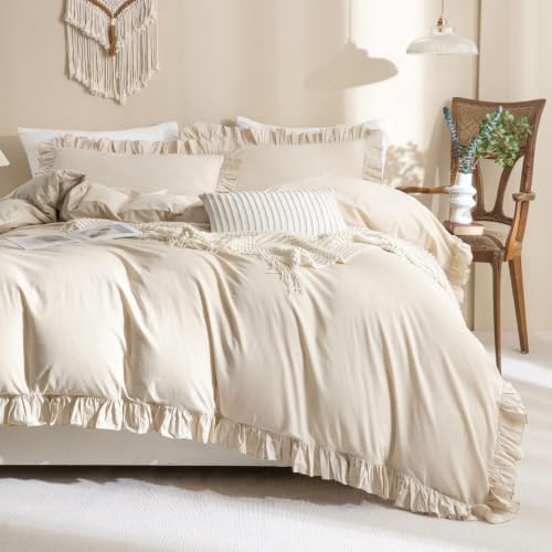 Washed Cotton Queen Duvet Cover Set Ruffle Duvet Cover Linen Textured Farmhouse Shabby Vintage Chic Bedding Comforter Cover 3 Pieces Aesthetic French Country Queen Bed Set