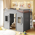 Bellemave Full Size Loft Bed with Play House Shape, Loft Bed Frame with Windows, Entertainment Space and Ladders for Kids, Boys, Girls and Teens, No Spring Needed (Gray)