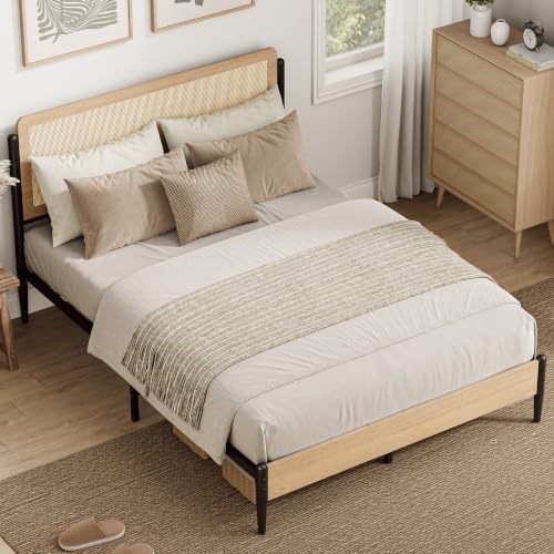 LIKIMIO Natural Rattan Full Size Bed Frame with Wooden Headboard