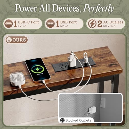 Huuger 118.1 Inch Behind Couch Table with 2 Power Outlets and USB-C Ports, Extra Long Narrow Sofa Table for Sectional Sofa, Skinny Console Table with Anti-Bump Pads, for Living Room, Rustic Brown