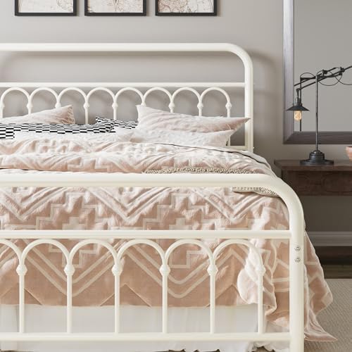Allewie Queen Size Metal Platform Bed Frame with Headboard, Cream