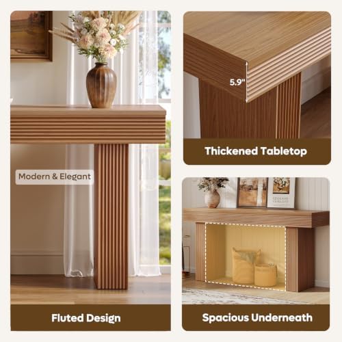 Bestier 63” Entryway Table, Wood Fluted Console Table Behind Couch, Brown