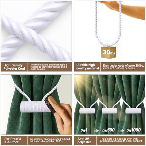 Hion Magnetic Curtain Tiebacks White 2pcs, Curtain Holdbacks Hooks Holders