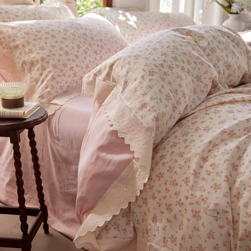 Pink Floral Muslin Duvet Cover Set 3 Pcs,68"×86" Twin Bedding