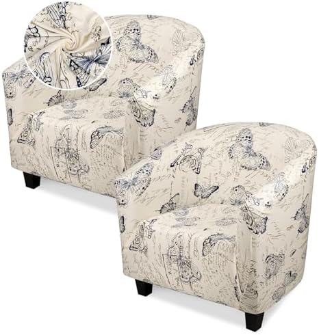 Club Chair Slipcover, 2 Pack Thick Beige/Blue Round Soft Armchair Sofa Cover, Stretch Barrel Chair Slipcovers Removable Couch Furniture Protector for Bar Living Room Bedroom Hotel Counter