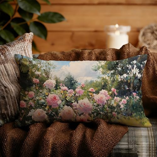 Vintage Rose Garden Nature Scene Pillow Cover 12x20 Double-Sided, Cottagecore Pink Flower Decorative Lumbar Throw Pillow Cover for Home Bedroom Living Room