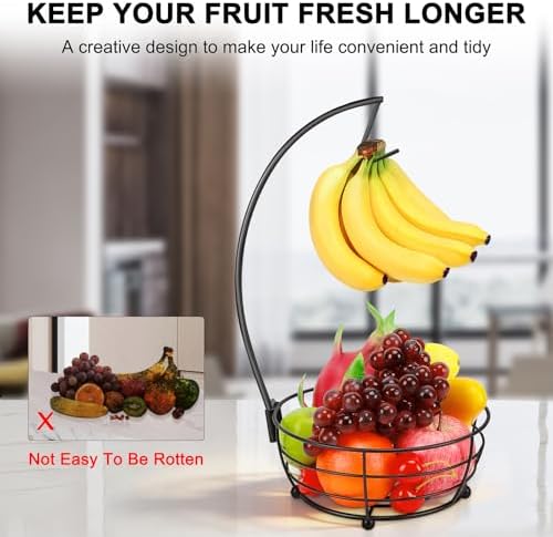Livabber Countertop Fruit Basket Bowl with Banana Hanger, Modern Standing Fruit Vegetable Bowl Storage, with Banana Tree Holder for Kitchen Dinning Table (Round Metal, Black)