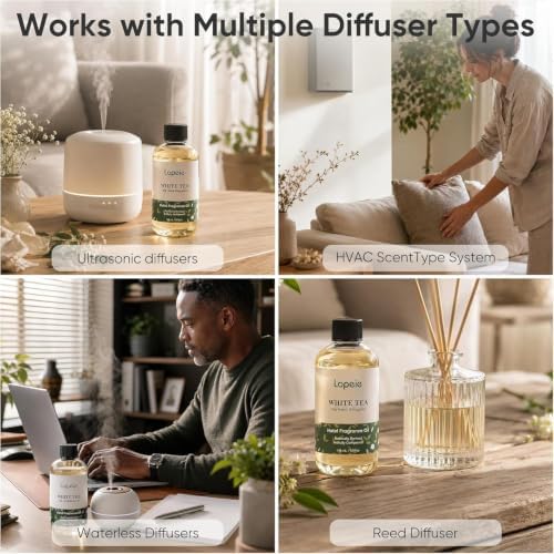 Lopeie White Tea Diffuser Oil – Essential Oil for Diffuser, Air Freshener & Room Spray – Long-Lasting with Notes of Tea, Neroli & Bergamot – Hotel Scent for Ultrasonic & Waterless Diffusers, 4.1 fl.oz