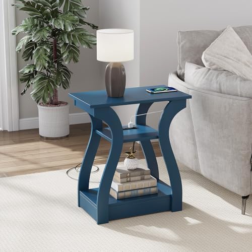 FROMJBEST End Tables Living Room Set of 2 with Charging Station, Navy Blue