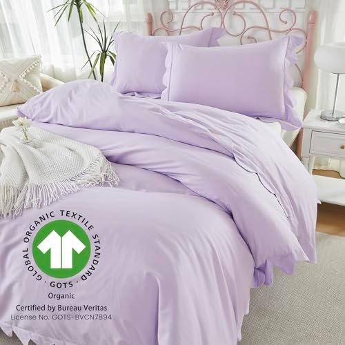 Brandream Organic Cotton Duvet Cover Set Twin/Twin XL Scalloped Edge Purple Girls Bedding Size Soft Breathable Luxury Bed Set Grandmillennial Cottagecore Coquette Hotel Style Bedroom, Zipper Closure