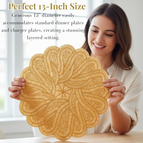CLEENTABLE Gold Round Beaded Placemats, Set of 2