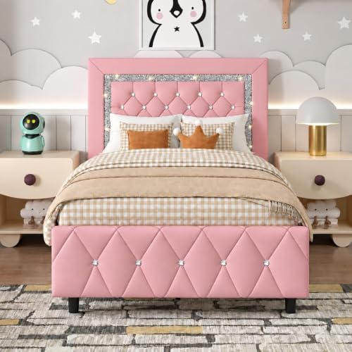 HOMBCK Twin Bed Frame with Headboard, Diamond Tufted Design, Pink