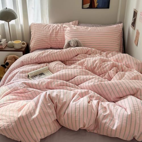 Vintage Striped Duvet Cover Twin XL 3 Pieces 100% Washed Cotton Bedding Set