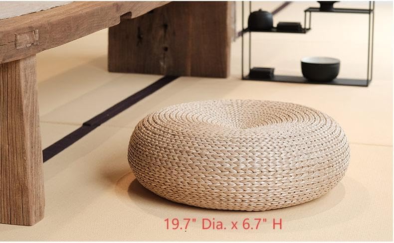 Straw Flat Seat Cushion, Handmade Floor Pouf Mat, Ottoman Footstool for Meditation, Zen, Yoga Practice or Buddha (19.7" Dia. x 6.7" H)