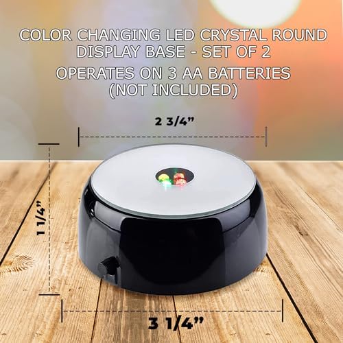 4 LED Crystal Round Display Base w/ Mirror Top - Lighted Stand for Crystal Art - Color-Changing 3 Inch LED Light Base - Battery Operated LED Stand for 3D Art - Black, Set of 2