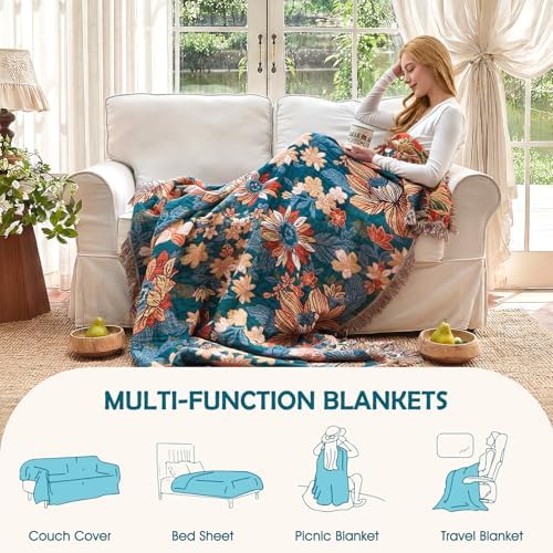 Boho Throw Blanket - 90"x90" Lightweight Cotton Throws for Bed Adult