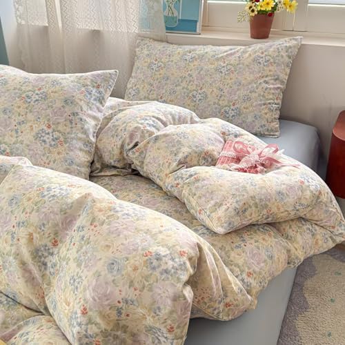 Double Muslin Floral Duvet Cover Twin Size 3 Pieces(1 Duvet Cover with 2 Pillowcases),100% Cotton Soft Comfy Gauze Bedding Set for Women Girls,Breathable Quilt Covers 68"×86"