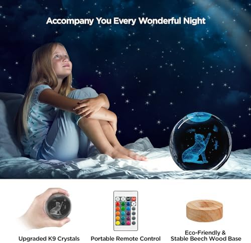 3D Cat Crystal Ball Night Light Cat Lover Gifts for Women Upgraded 3.15 In Cat Figurines Glass Ball Home Decor Lamps with 16 Color Cat Collectibles Snow Globes Gift for Girl Cat Lamp for Her Mom