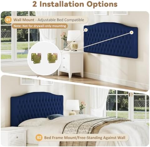 Befurtori King Headboard Only, Velvet Classic Tufted Design, Navy Blue