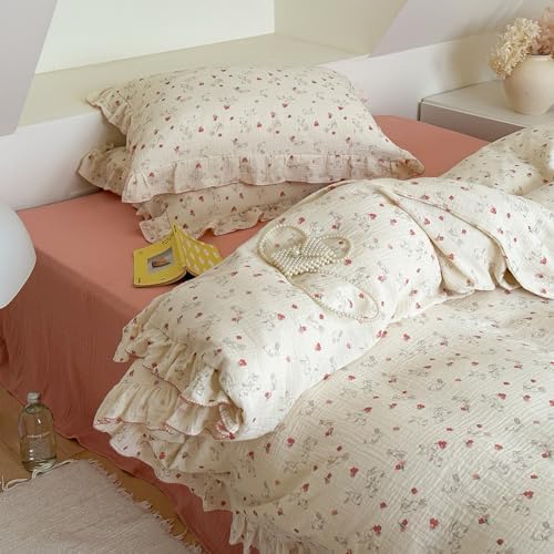 Girls Flower Duvet Cover Set Muslin Cotton Twin(68"x86"),Rabbit