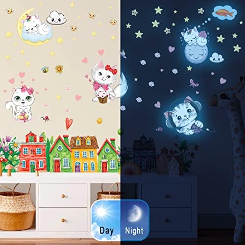Glow in The Dark Stars for Girl's Room, Glowing Cats Cartoon Wall/Ceiling Decals, Kitten Butterflies Stickers for Kids Bedroom, Luminous Wall Decor for Nursery (Blue)