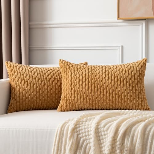 Kevin Textile Soft Corduroy 12"x20" Lumbar Pillow Covers 2 Pack, Gold