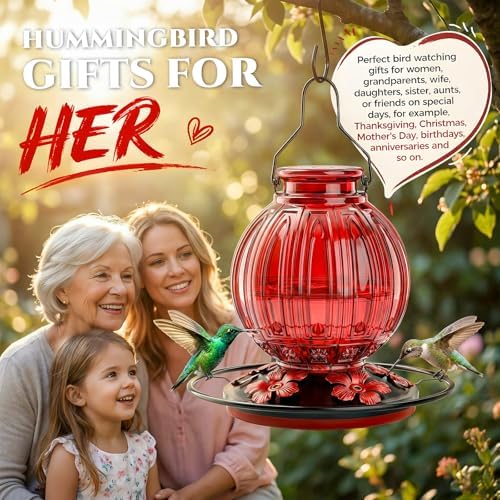 2 Pack Glass Hummingbird Feeder for Outdoors Hanging, Bird Nectar Feeder with Perch & 5 Flower Feeding Ports, 26 Oz Leak Proof for Outside Garden Decor Backyard, Gifts for Women Mom, Red + Orange Red
