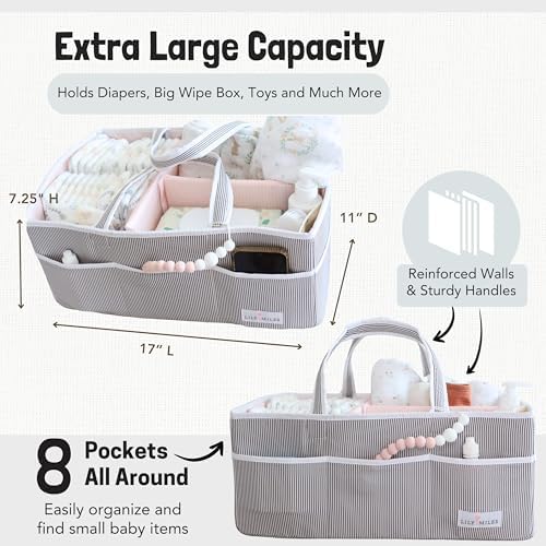 Baby Diaper Caddy - Organizer Tote Bag for Baby Girl Essentials - Baby Shower Basket - Nursery Must Haves - Registry Favorites - Newborn Caddie Car Travel - Gray/Blush, Extra Large