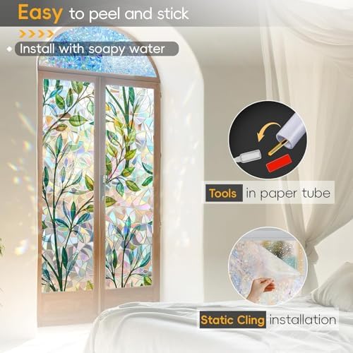 Rainbow Privacy Film with Cutting Line, 3D Decals Stained Glass Window Clings, Static Cling Window Sticker, Suncatcher, 23.6" x 78.7"