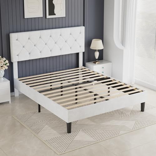 VECELO Full Size Bed Frame with Diamond Tufted Headboard, Upholstered Platform Bedframe with Wood Slat Support, No Box Spring Needed, Velvet & White
