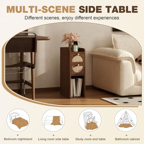 Narrow Nightstand (Rattan & Wood) - Small Bedside Table with 2 Drawers, Open Shelf, Mid Century Modern End Table - for Bedroom, Living Room & Small Spaces, Walnut