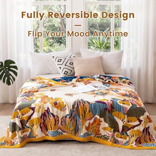 MSGKV Boho Throw Blanket 80"x90" 100% Cotton Muslin Floral Blanket for Bed