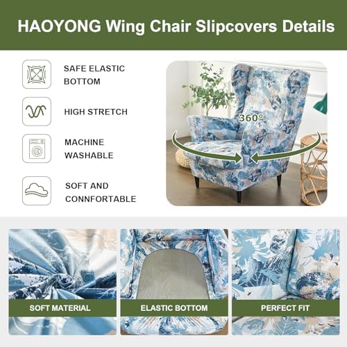 HAOYONG Wing Chair Slipcovers Printed Wingback Chair Covers 2 Pieces Wingback Armchair Slipcover Stretch Chair Slip Covers Washable Armchair Protector Cover for Living Room and Bedroom