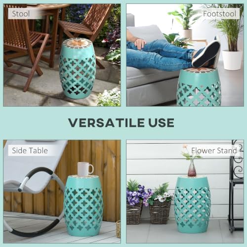 Outsunny Decorative Outdoor Stool, 12" Round Patio Side Table, Mosaic Blue