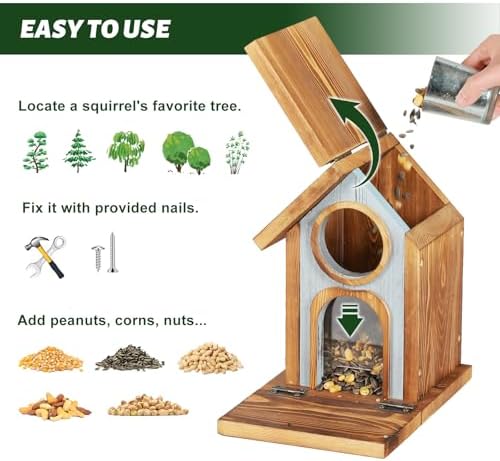 MIXXIDEA Wooden Squirrel Feeder, Large Capacity Squirrels Feeders for Outside, Sturdy Construction, No Assembly Lovely Chipmunk Feeder for Corn, Peanut, Nuts, Chestnuts (Brown-1pk)