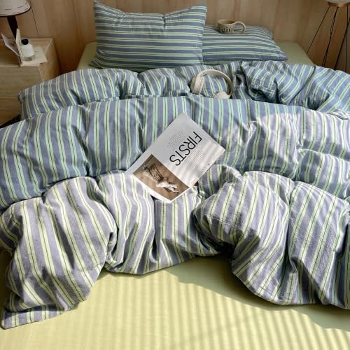 AOJIM Striped Duvet Cover Queen 100% Washed Cotton 3-Piece Vintage Bedding