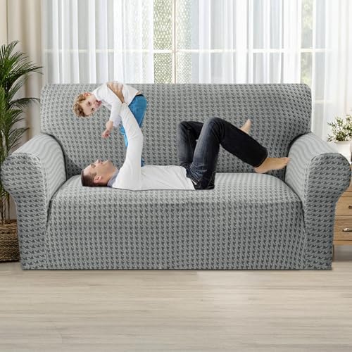 MAXIJIN Stretch Loveseat Couch Cover for 2 Cushion Couch (55"-69" Washable Sofa Slipcovers with Non-Slip Foam & Elastic Strap, Dog Cat Pet Friendly Furniture Protector (Medium, Light Gray)