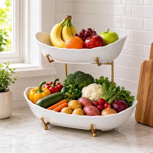 HBlife 2 Tier Large Fruit Bowl, Ceramic Fruit Basket for Kitchen Counter