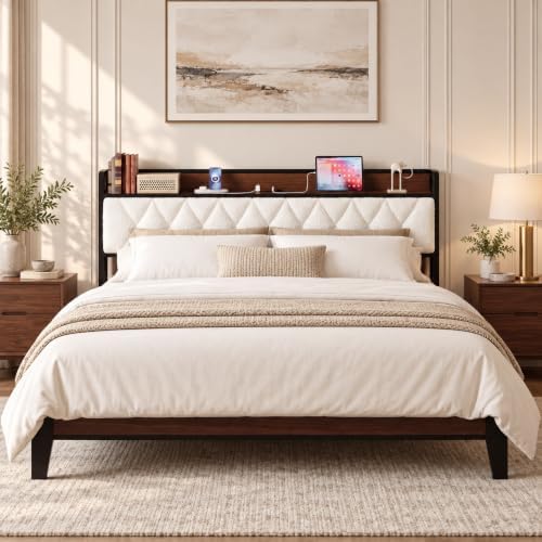 ANCTOR King Size Bed Frame with Headboard and Charging Station, Walnut