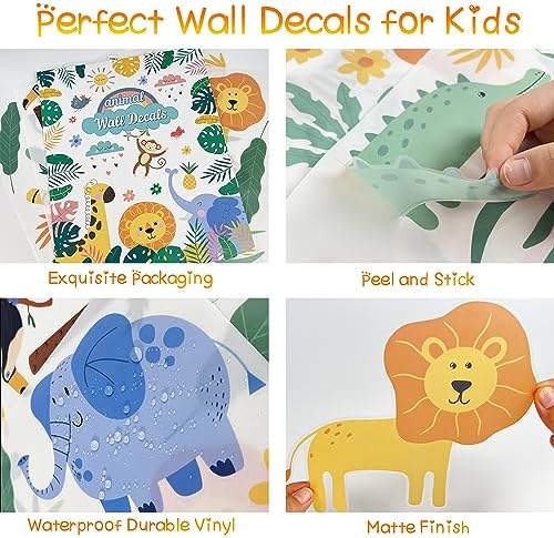 Animals Wall Decals, Cute Safari Wall Stickers for Baby Kids, Jungle Theme Decor for Nursery, Classroom, Playroom, Bedroom
