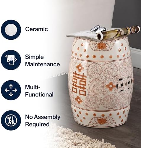 JONATHAN Y Double Happiness Ceramic Garden Stool 18" Table, Orange/White