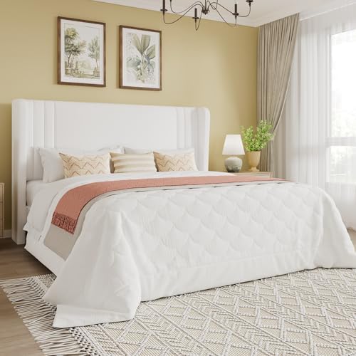 SHA CERLIN Queen Velvet Upholstered Bed Frame, Wingback Headboard, White